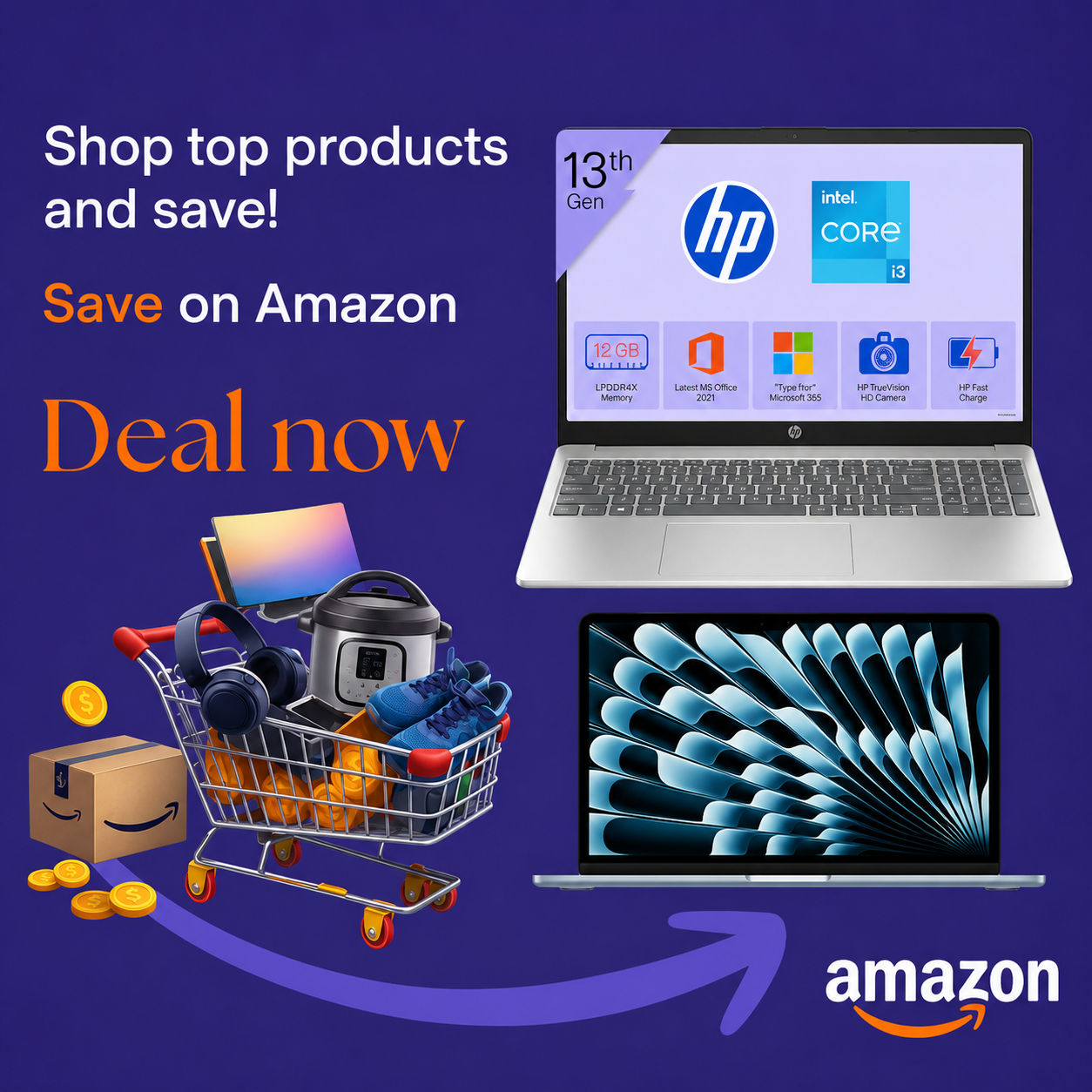 Amazon affiliate promotion banner featuring a shopping cart and money-saving deals on popular products - Opens in new window