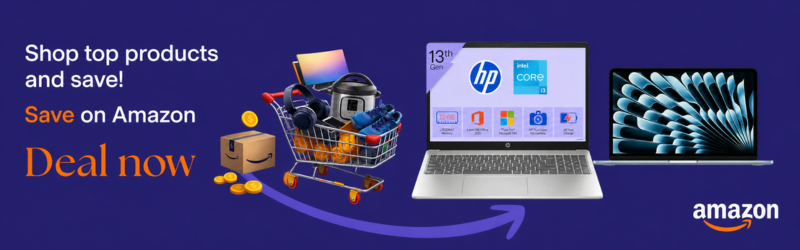 Amazon affiliate promotion banner featuring a shopping cart and money-saving deals on popular products - Opens in new window
