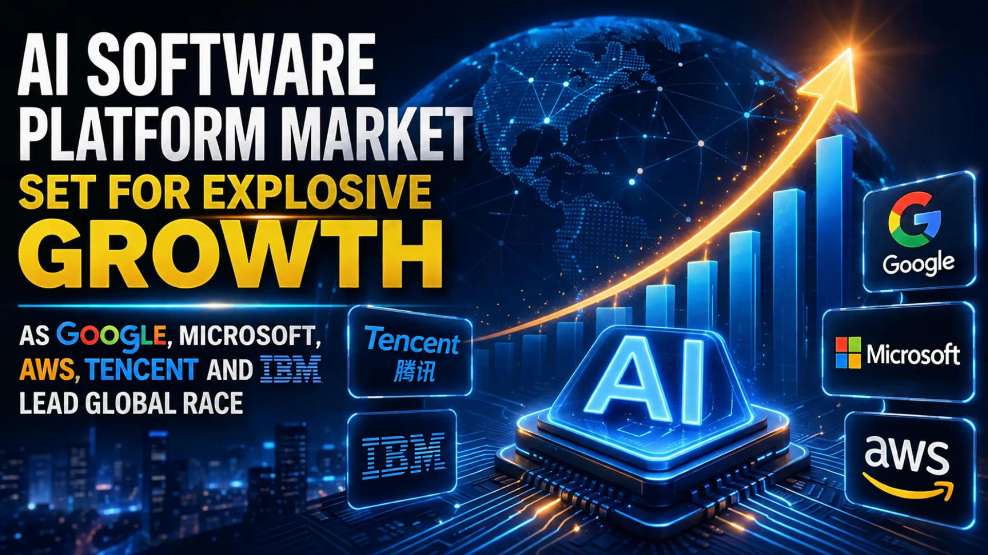 Global AI software platform market growth report 2026 showing Google Microsoft AWS Tencent IBM leading industry expansion toward 2030