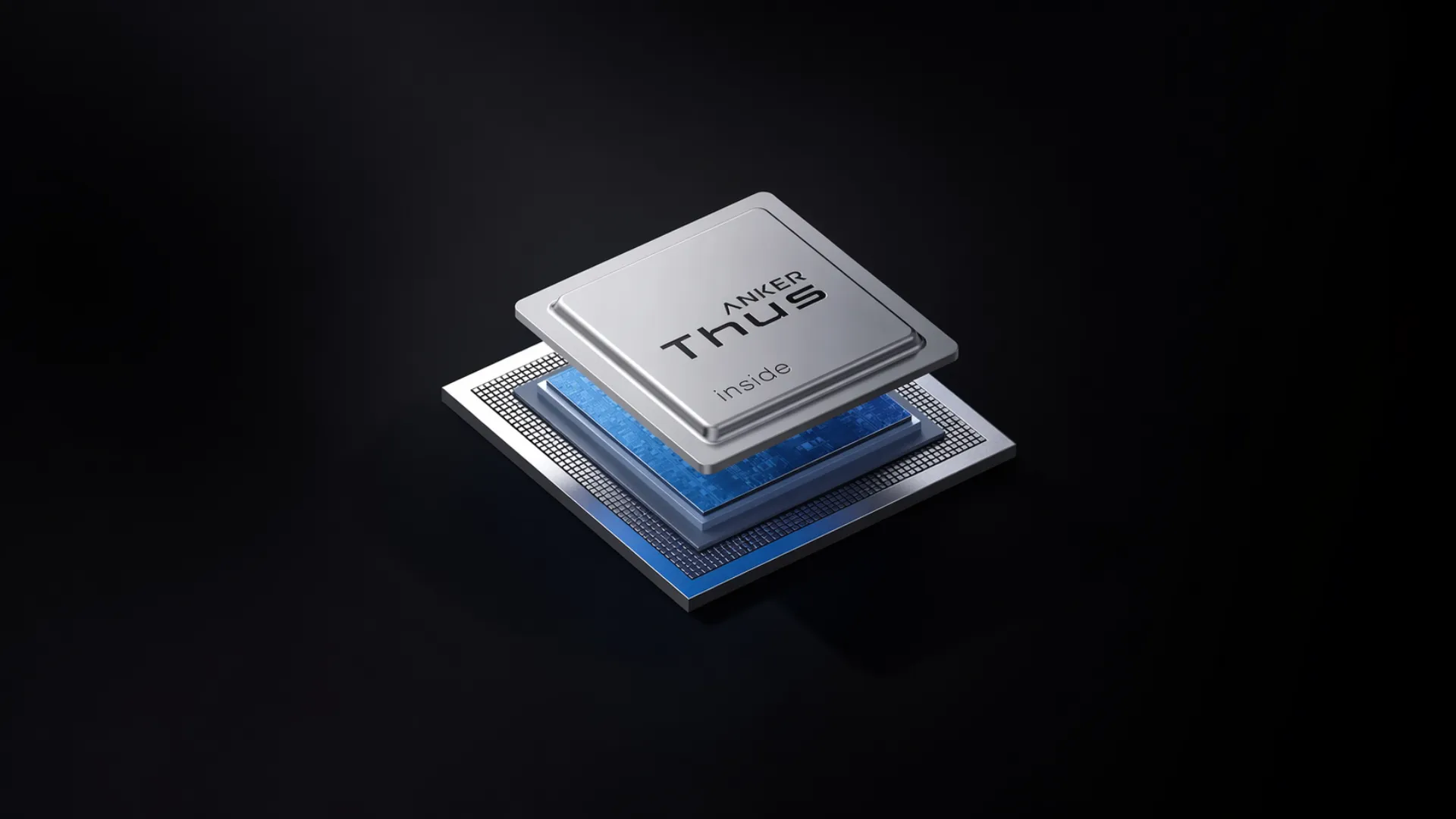 Anker Thus AI chip graphic announcing local AI processor for upcoming Soundcore earbuds with advanced call audio and smart device features