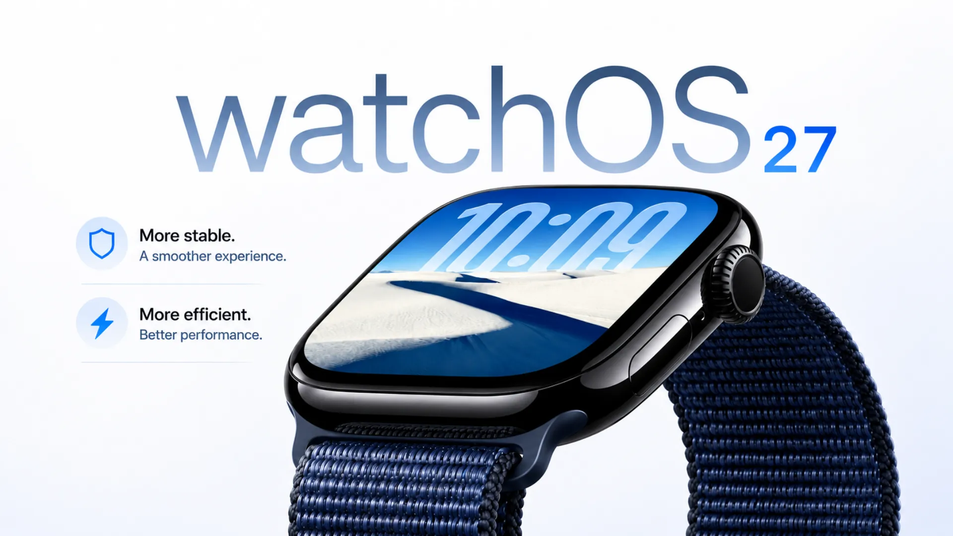 Apple Watch displaying watchOS 27 interface with heart rate monitoring screen, representing the upcoming stability-focused update and delayed Project Mulberry AI health coaching feature.