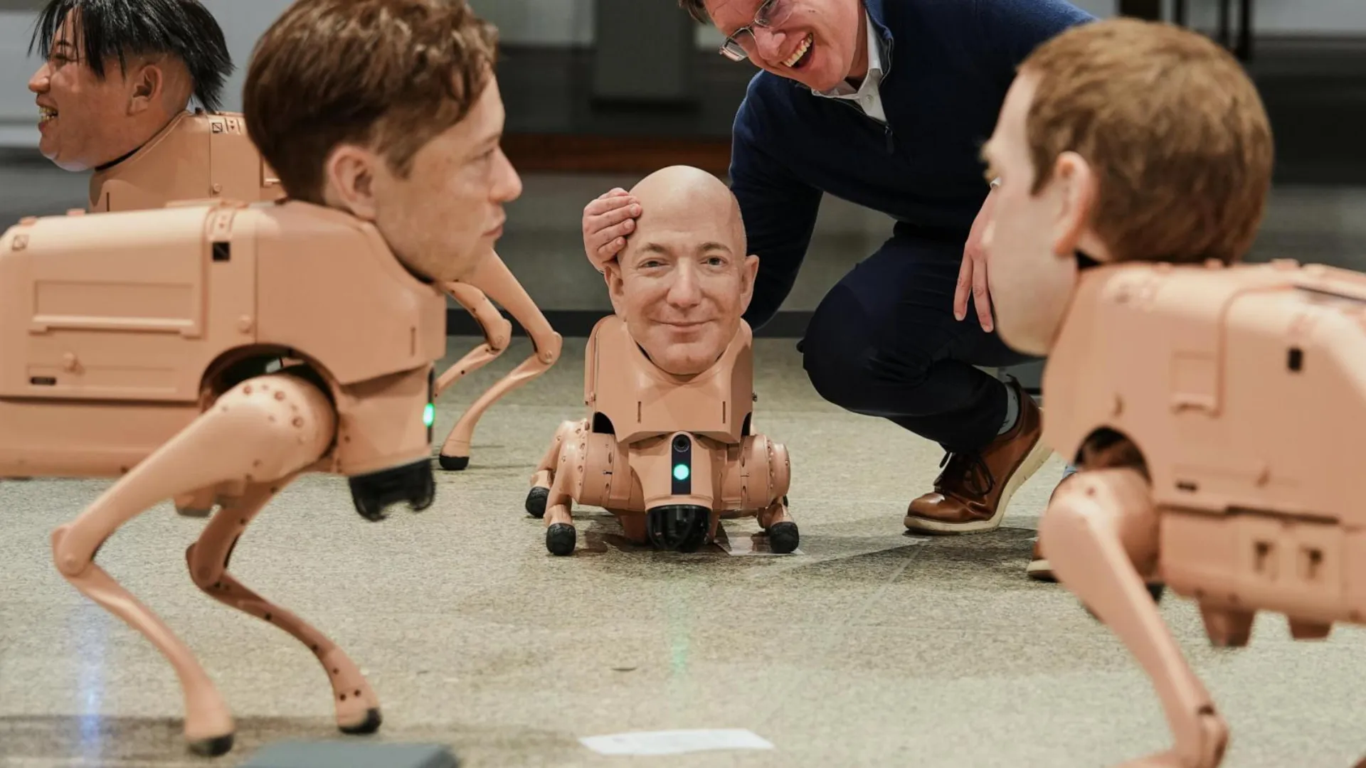 Robot dogs with Elon Musk, Jeff Bezos and Mark Zuckerberg faces at Berlin museum Beeple AI art exhibition on algorithms and digital influence