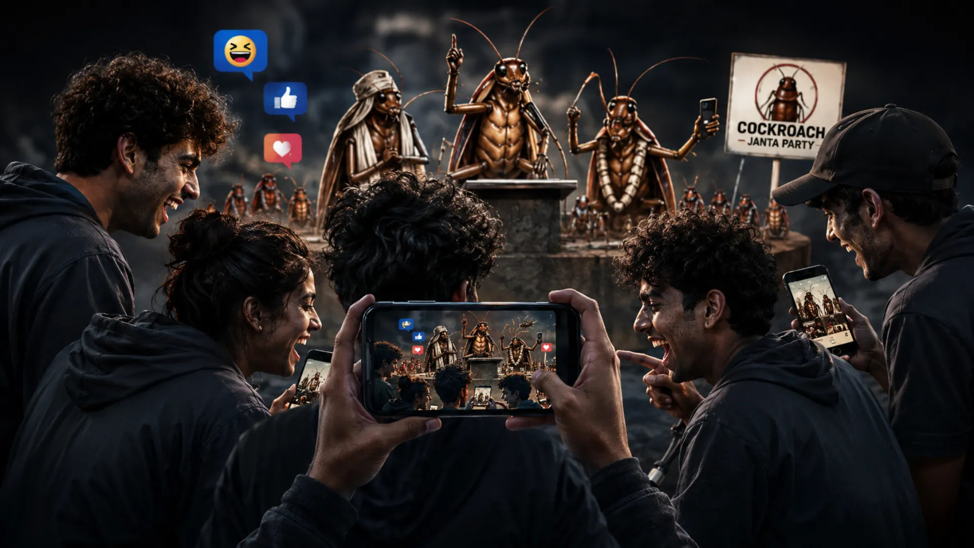An illustration representing the Cockroach Janta Party viral social media movement in India, symbolising Gen Z political anger and digital protest culture in 2026.