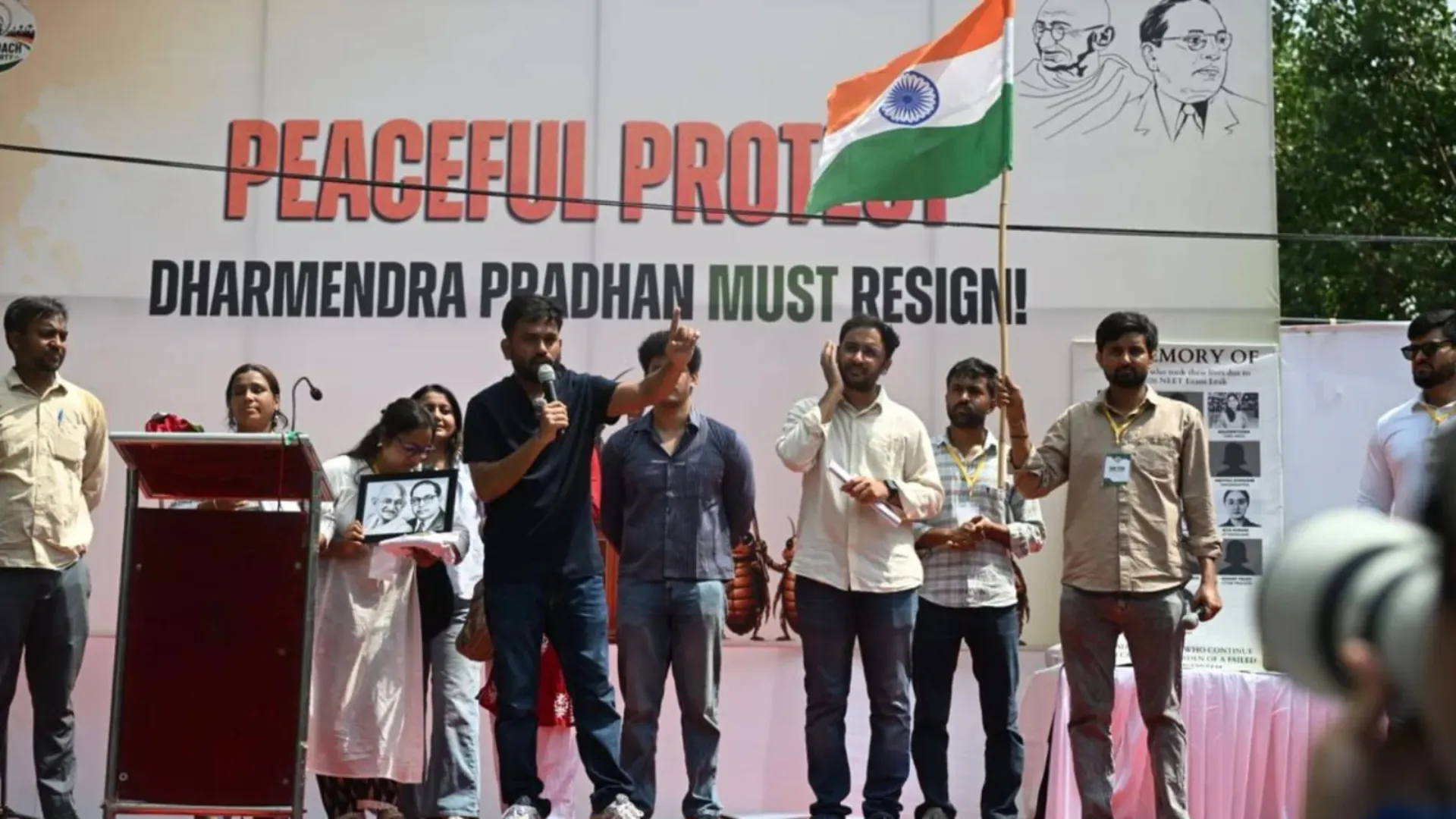 Cockroach Janta Party founder Abhijeet Dipke leading protesters at Jantar Mantar in New Delhi on June 20 2026 demanding the resignation of Union Education Minister Dharmendra Pradhan over NTA examination irregularities