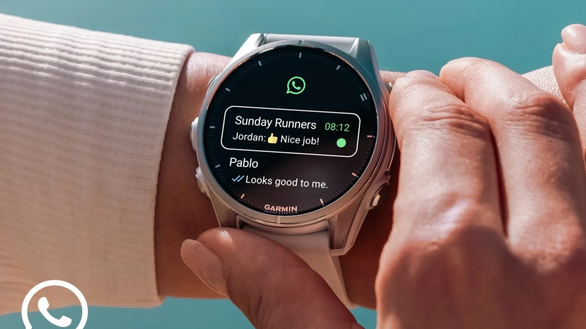 Garmin smartwatch displaying WhatsApp messaging app with real time chat and notification features