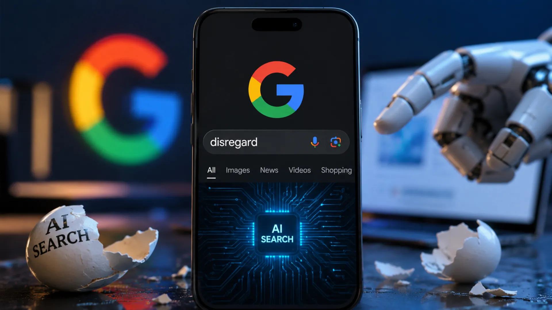 Google AI Search displaying an unexpected conversational response instead of a word definition after a user searched the word disregard, highlighting the AI Overviews bug reported in May 2026.