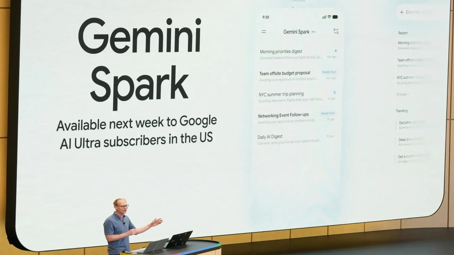 Google Gemini Spark AI agent interface shown at Google I/O 2026 with onboarding warning about unauthorized purchases and usage limits for subscribers.