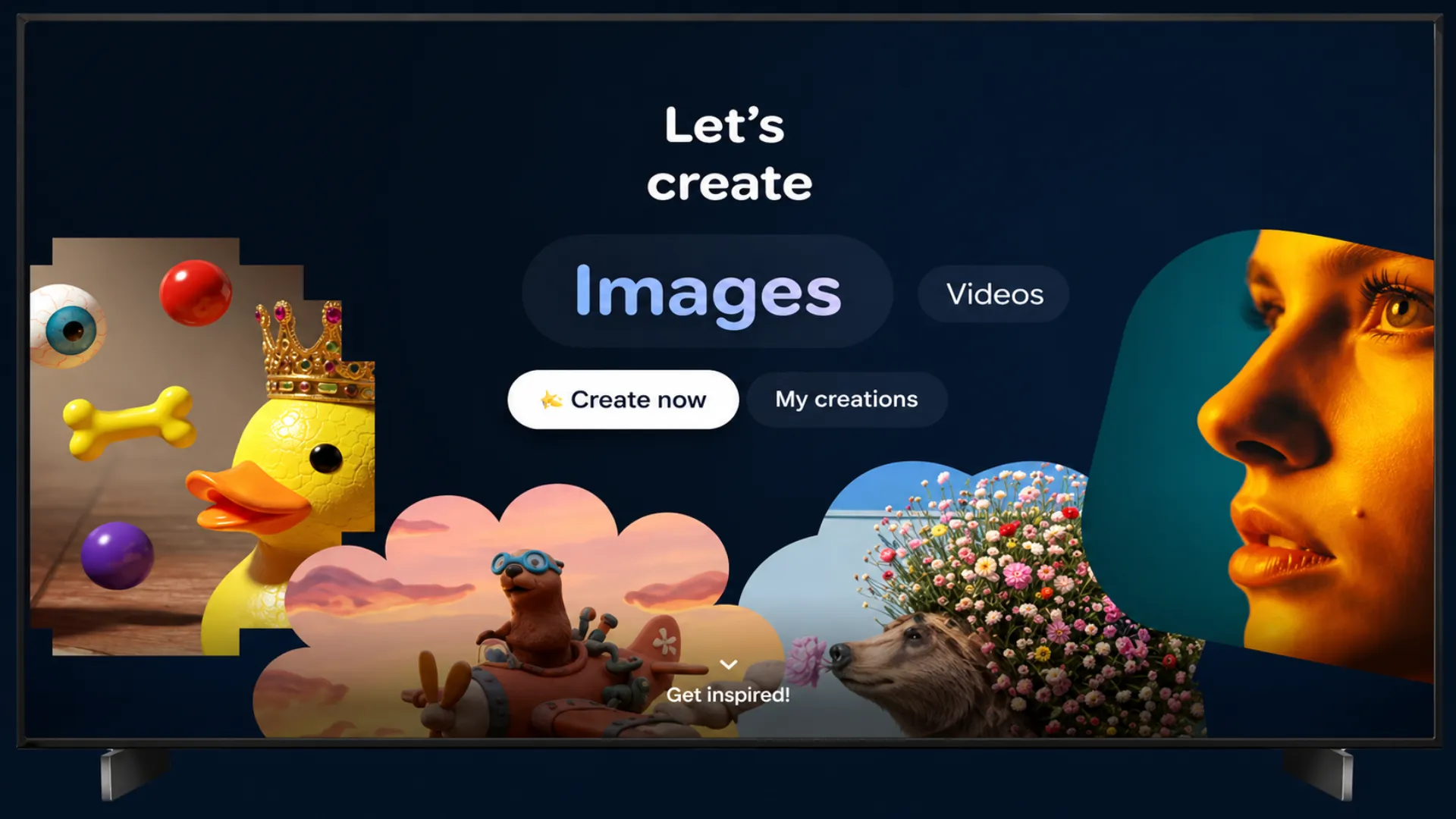 Google TV interface showcasing Gemini AI tools for creating images, generating videos, and browsing personalized content with Google Photos integration