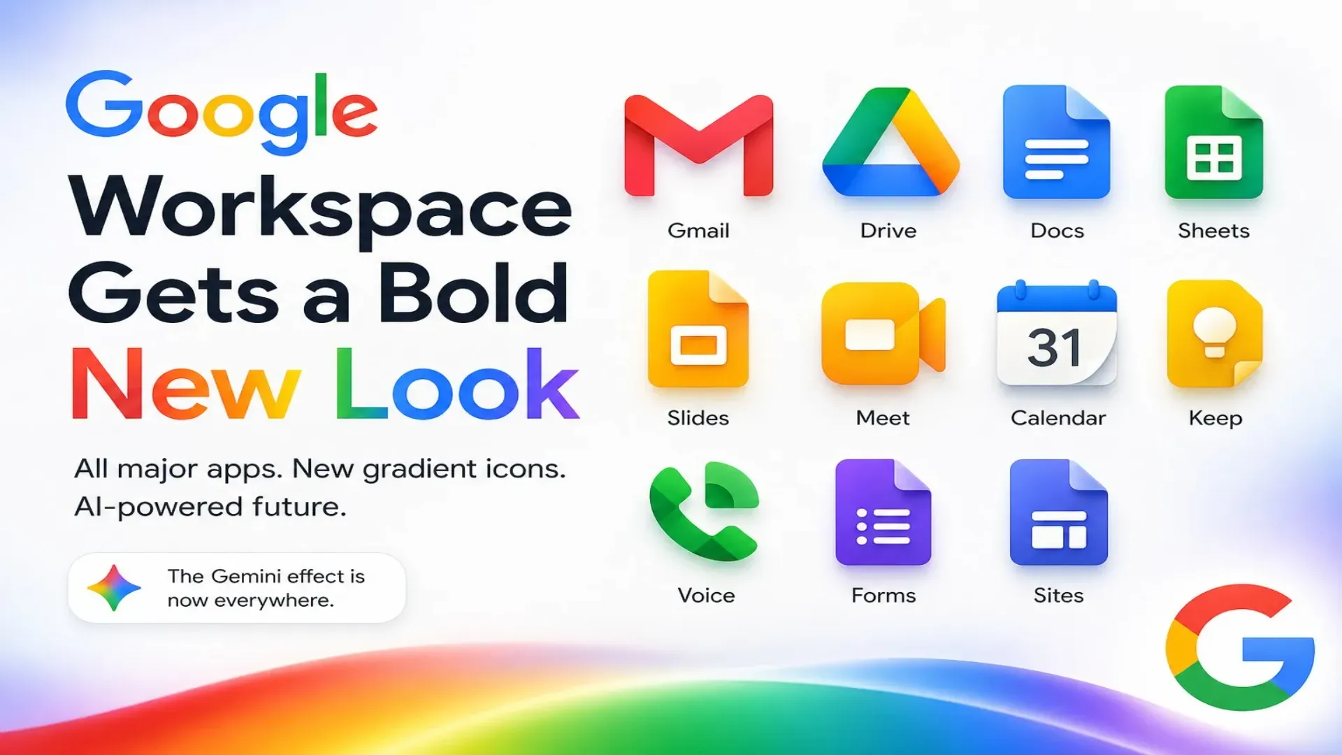 New Google Workspace app icons featuring gradients and rounded designs displayed on a smartphone screen to improve visual clarity and recognition