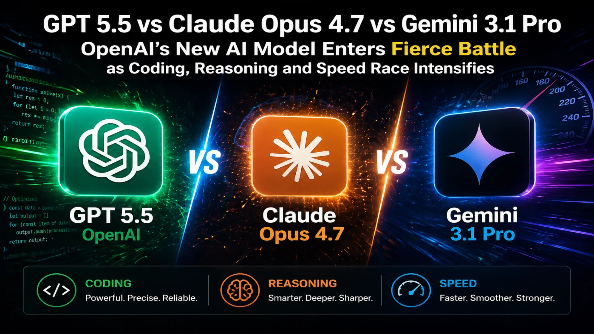 GPT 5.5 vs Claude Opus 4.7 vs Gemini 3.1 Pro benchmark comparison showing AI competition in coding productivity reasoning and automation
