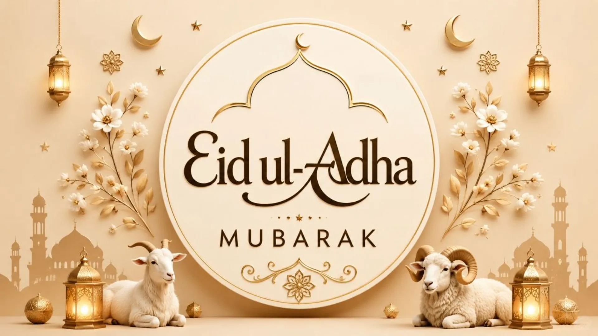 Happy Bakrid Eid al-Adha Mubarak 2026 wishes with decorative Islamic greeting card featuring crescent moon, lanterns and festive blessings for family and friends