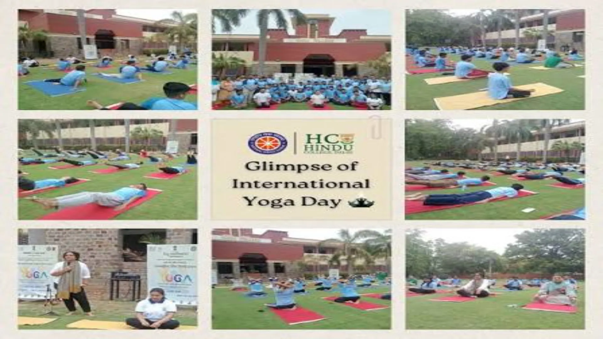Students, faculty, and NCC cadets of Hindu College, University of Delhi, performing yoga asanas on the college lawns during the 12th International Day of Yoga 2026 celebration organized by IQAC.