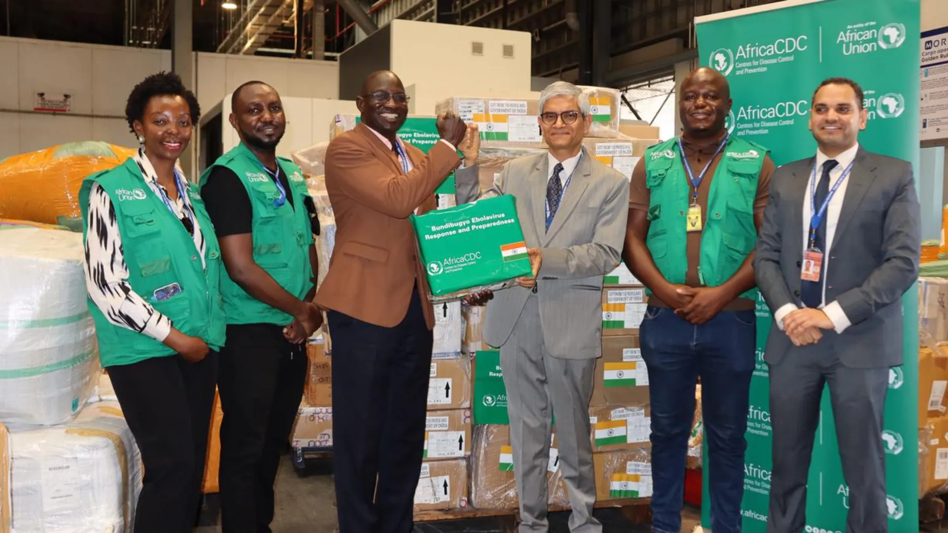 Africa CDC officials receive emergency pharmaceutical supplies donated by India at the Eastern Africa Regional Coordinating Centre in Uganda to support the Bundibugyo Ebola outbreak response in DR Congo.