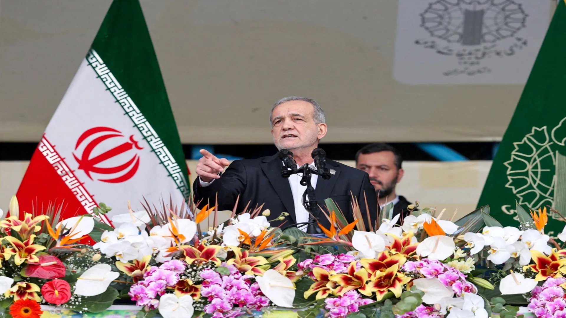 Iranian President Masoud Pezeshkian speaking at a press conference in Islamabad, Pakistan, stating that Iran's missile programme is not part of the memorandum of understanding with the United States.