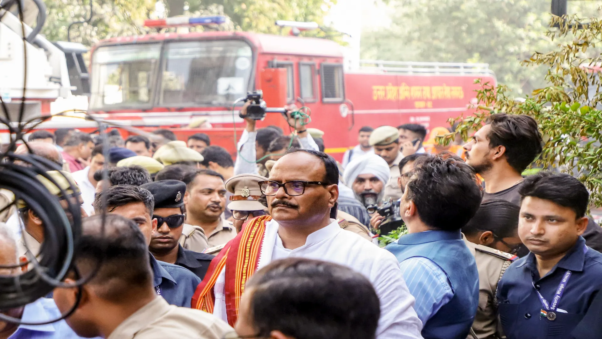 Firefighters battling a massive blaze at a three-storey commercial building housing a coaching centre in Aliganj, Lucknow, where 14 students were killed and four injured on June 22, 2026.