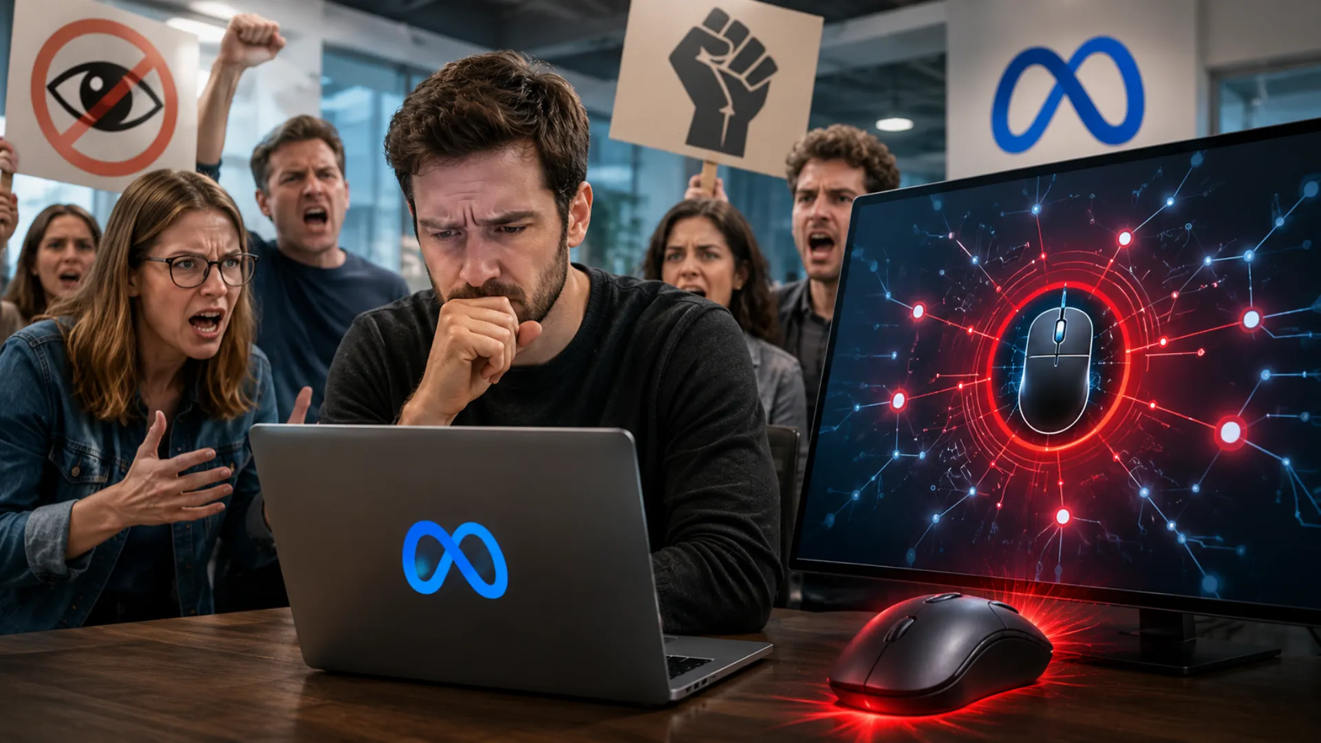 Meta employees posting protest flyers in US offices against company installed mouse tracking surveillance software on work devices.