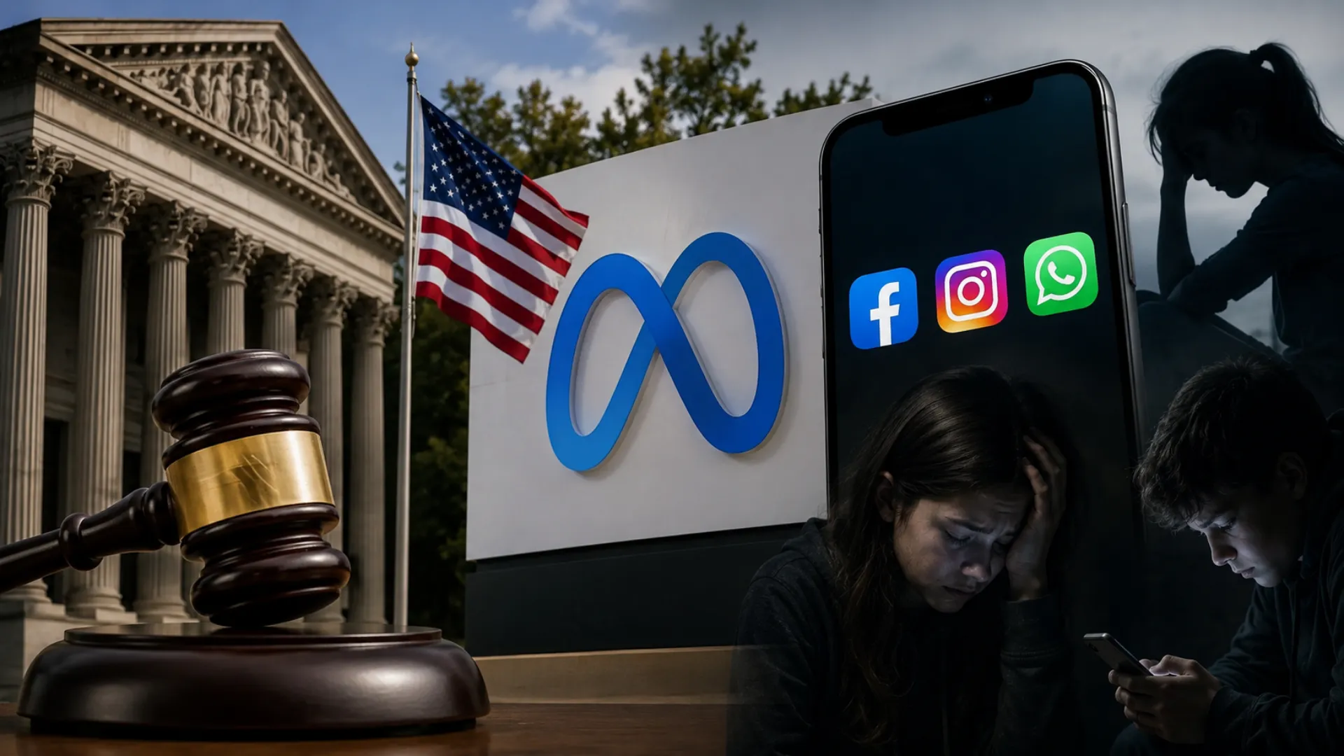 Meta CEO Mark Zuckerberg shown alongside Facebook, Instagram, and WhatsApp logos during coverage of New Mexico’s lawsuit over youth mental health concerns.