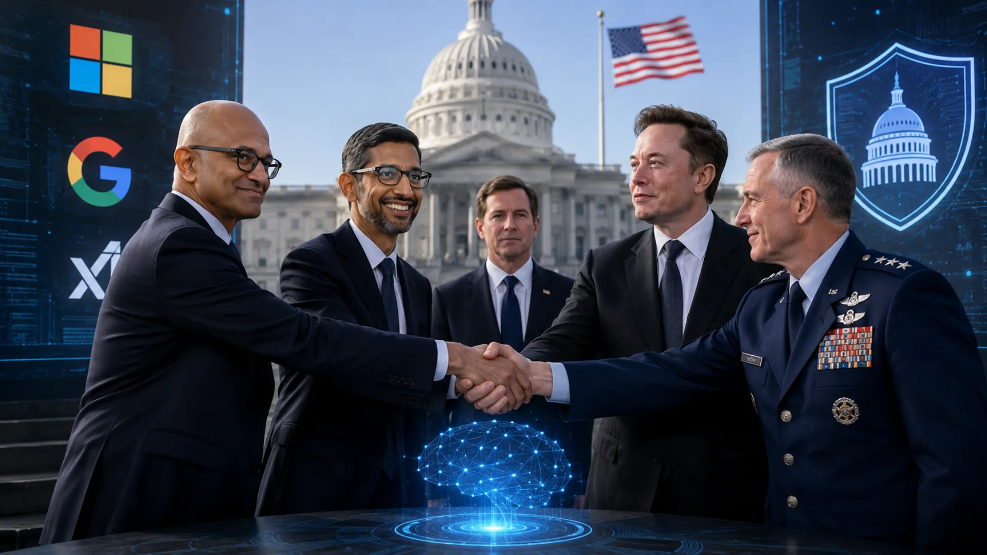 Microsoft, Google DeepMind, and xAI logos representing an agreement to provide advanced AI models to the US government for national security and safety testing.