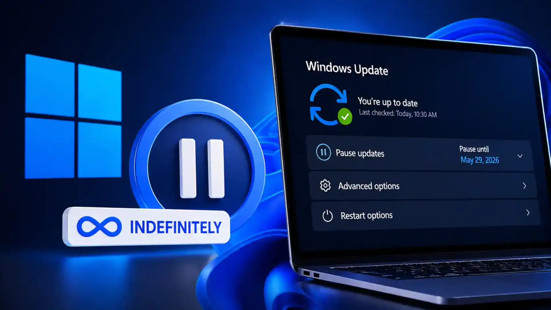 Microsoft Windows 11 laptop screen showing update pause settings, shutdown options, and new user controls for delayed software updates