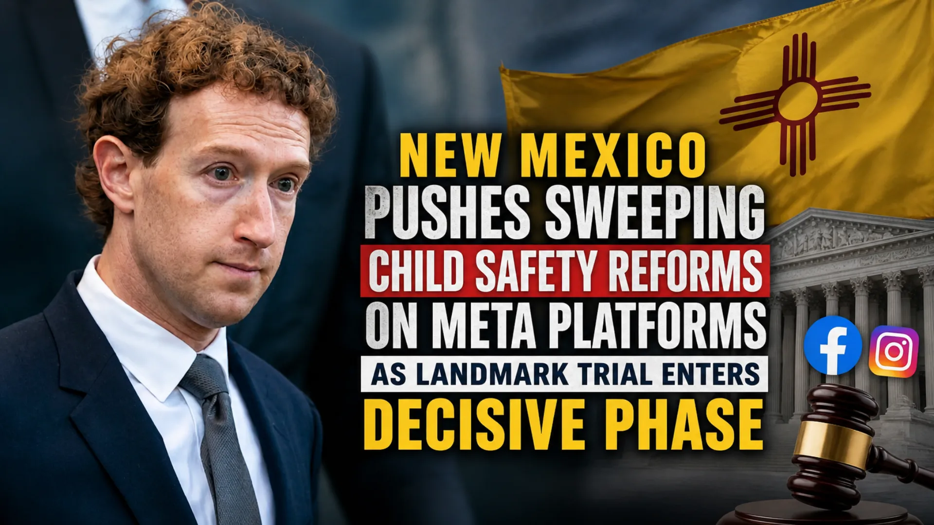 Court proceedings in New Mexico examining Meta’s social media platforms and their impact on child safety, including concerns over algorithms and addictive features.