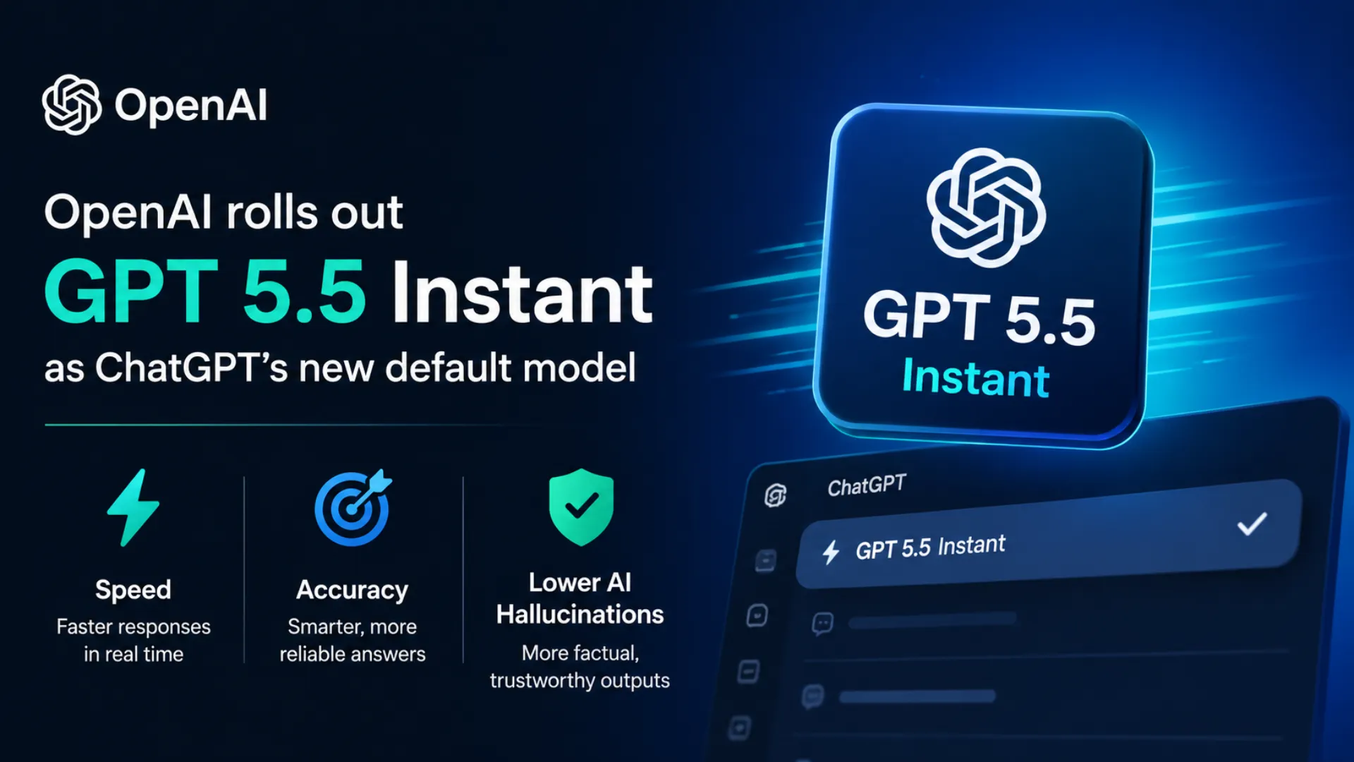 OpenAI GPT 5.5 Instant displayed as the new default ChatGPT model with improved AI accuracy, faster responses, and personalized memory features.