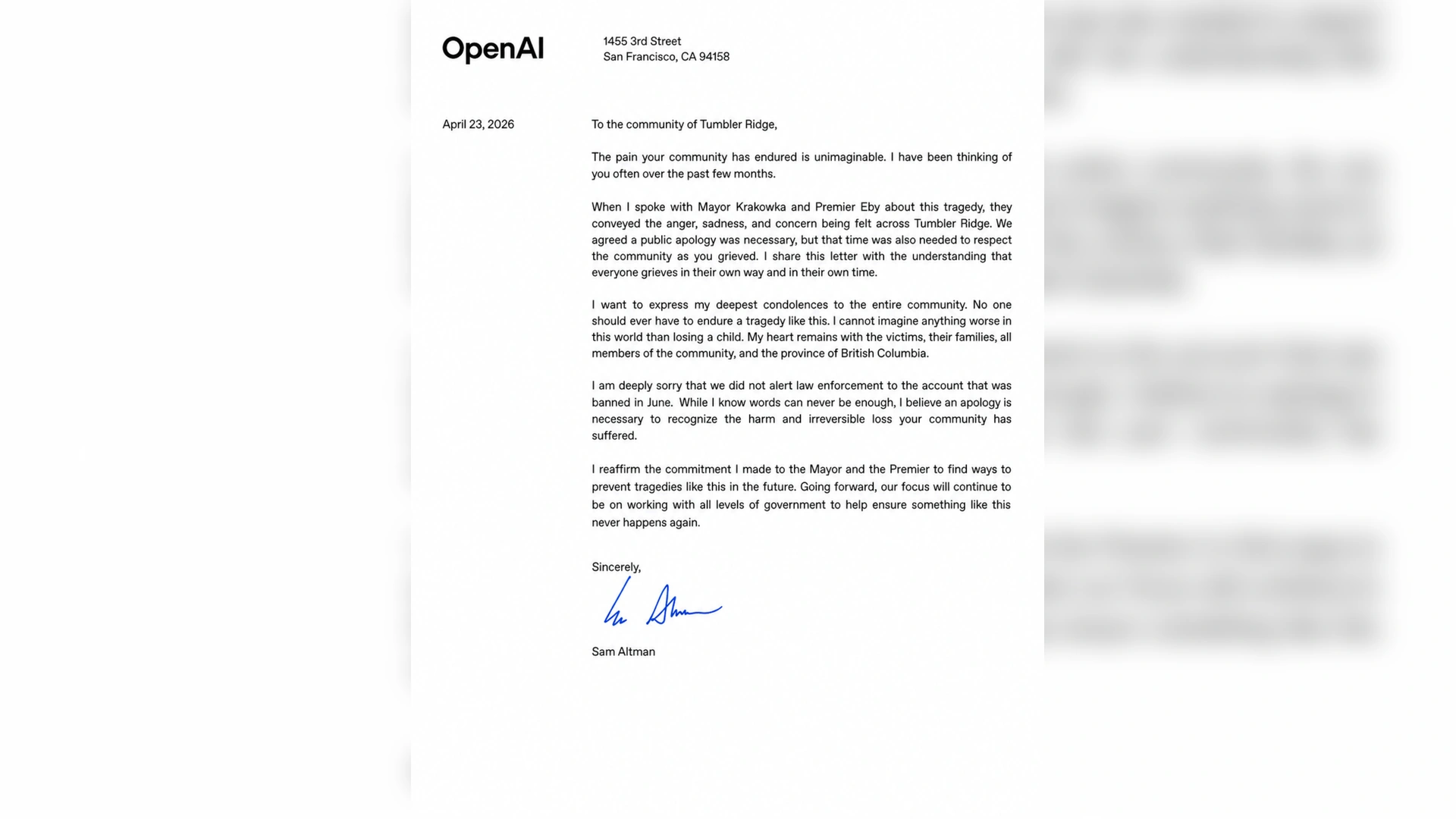 Sam Altman apologises after OpenAI failed to alert police before Tumbler Ridge Canada mass shooting that killed eight people