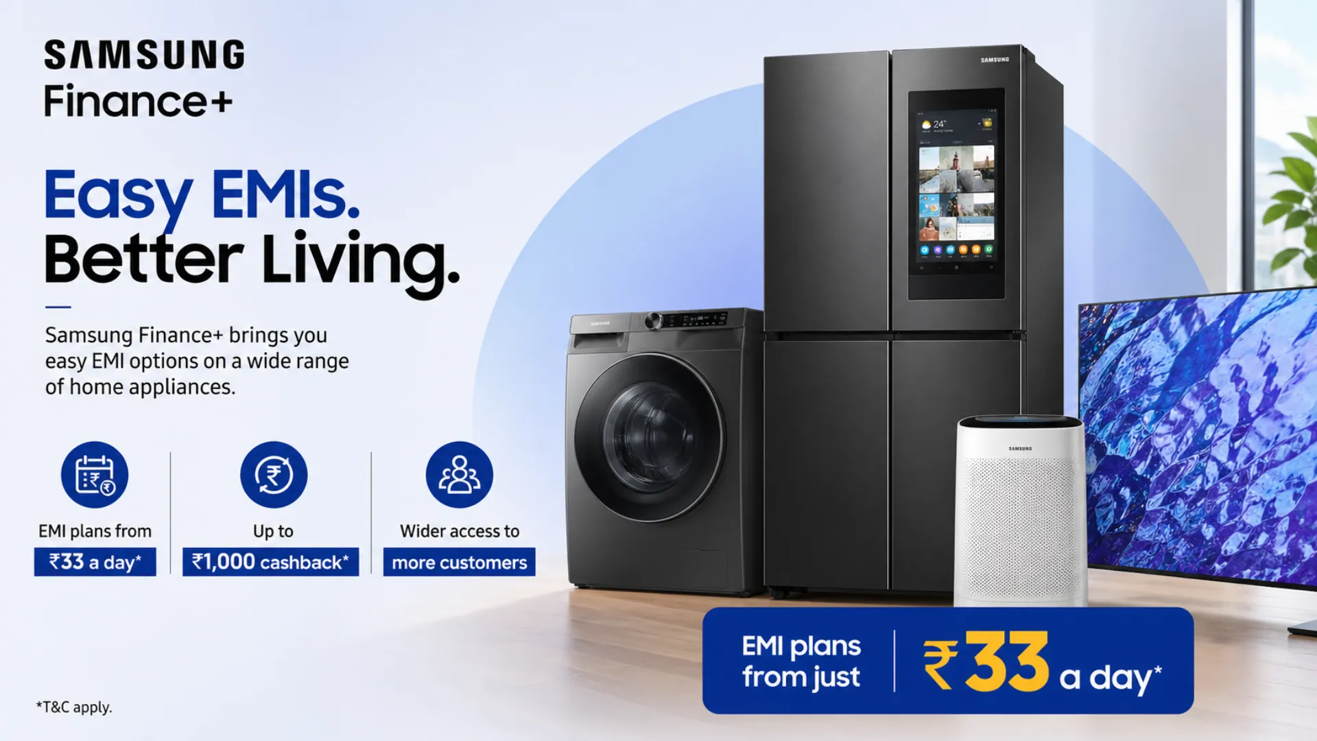Samsung Finance+ India offer banner showing easy EMI plans from Rs 33 per day with Rs 1,000 cashback on refrigerators, washing machines, ACs and microwaves.