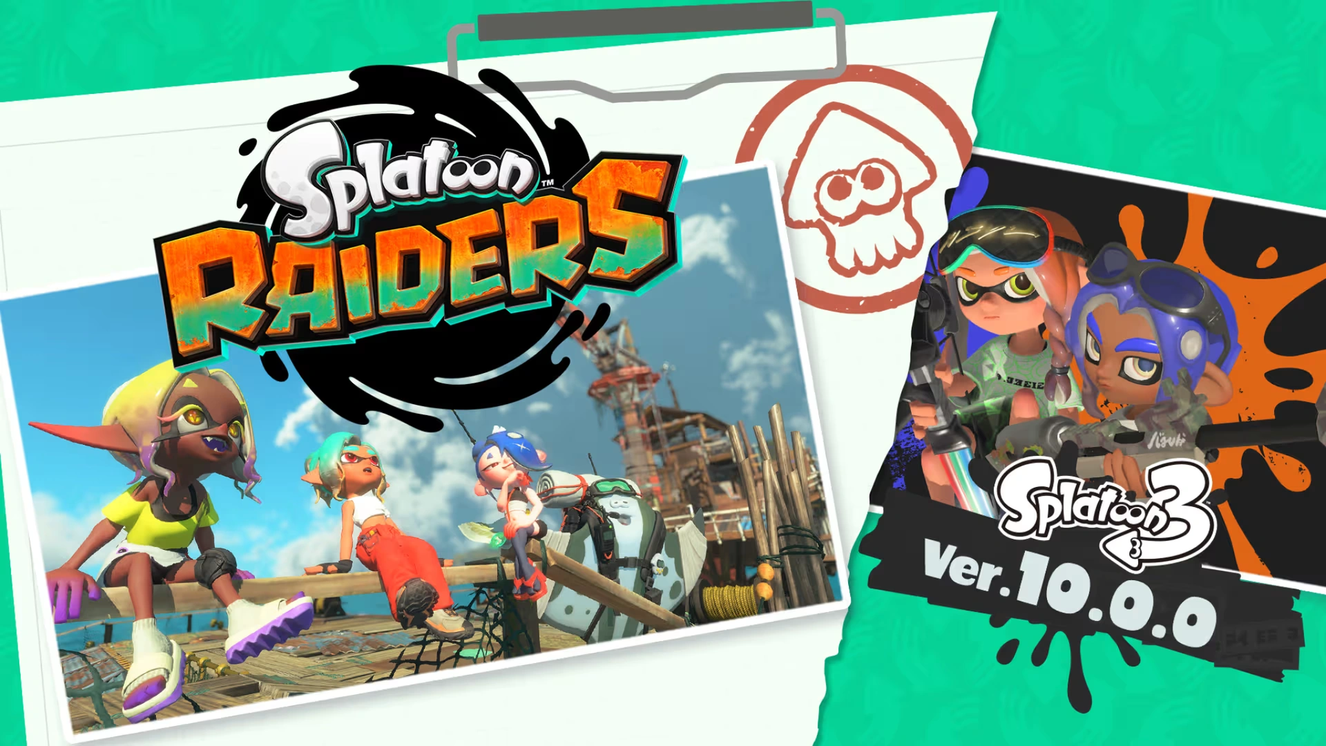 Splatoon Raiders gameplay artwork showing Deep Cut trio and mechanic character on Spirhalite Islands for Nintendo Switch 2 launch