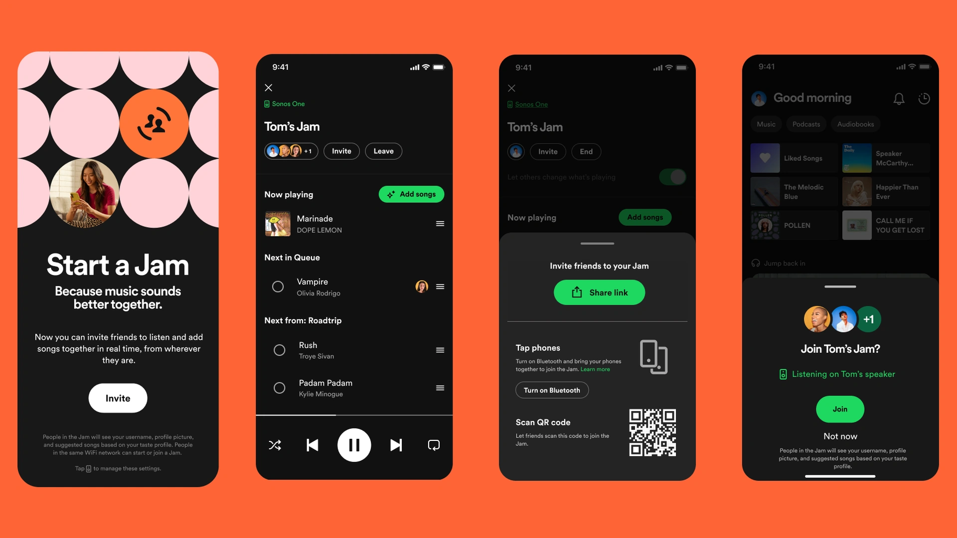 Spotify Messages showing real time listening activity and Request to Jam feature on mobile app