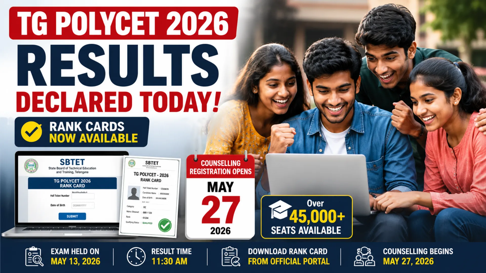 A student downloading the TG POLYCET 2026 rank card from the official SBTET Telangana website on a laptop, with the result declared on May 23 and counselling starting May 27.