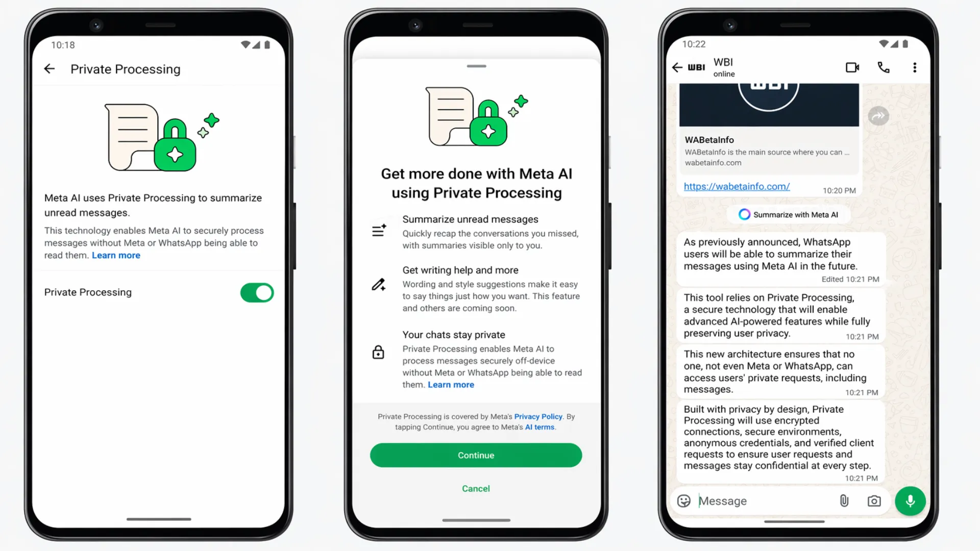 WhatsApp app showing AI summaries for unread chats with privacy focused Private Processing feature by Meta