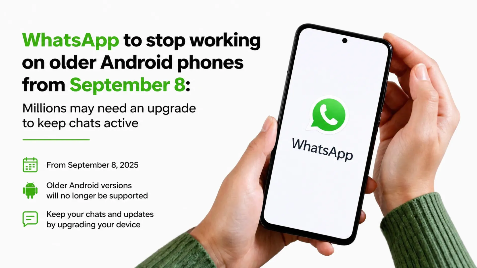 WhatsApp logo displayed on smartphone screen with warning about ending support for older Android 5.0 and 5.1 devices from September 2026