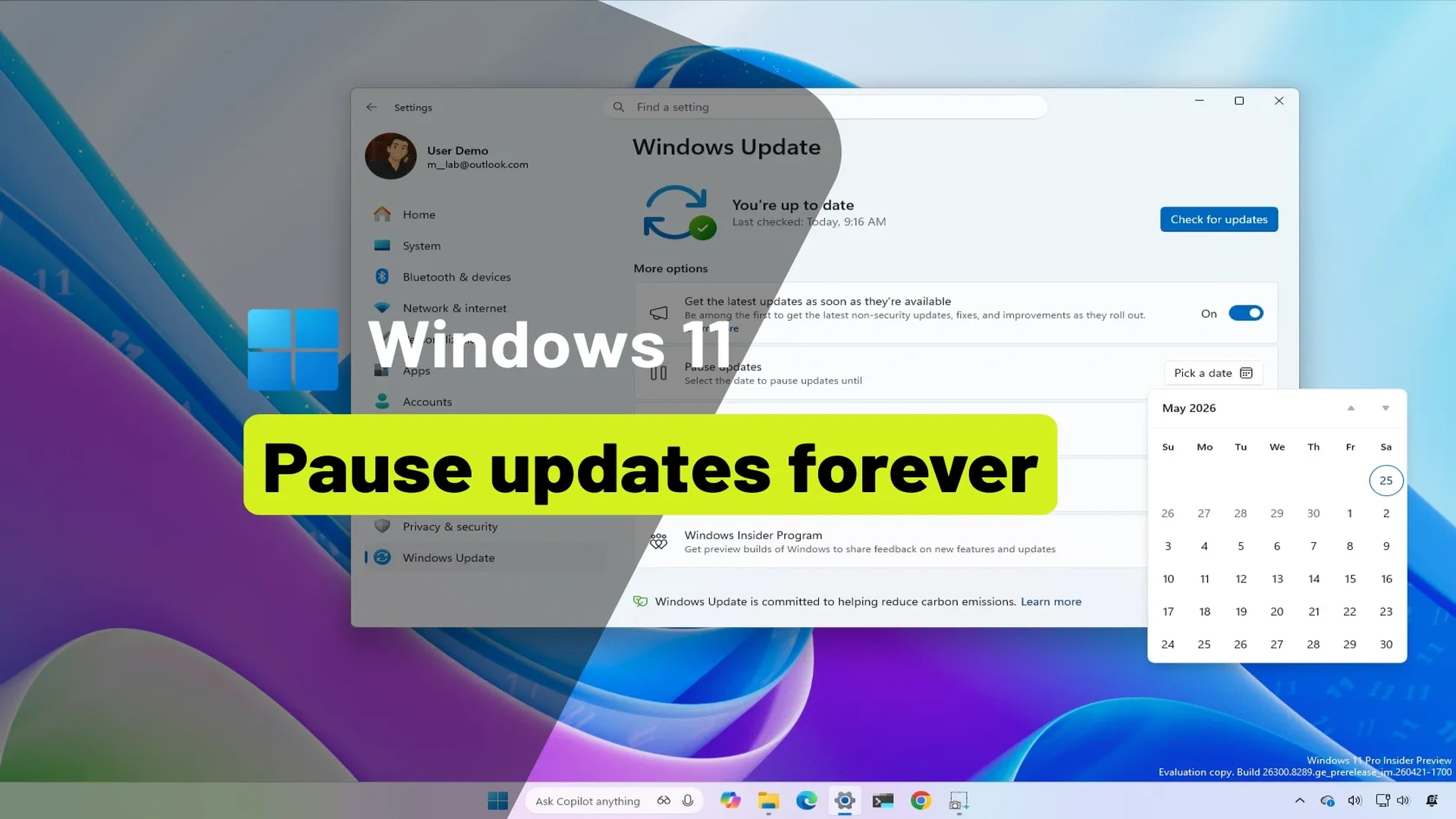 Microsoft Windows 11 laptop showing new update pause controls with renewable 35 day delay option and redesigned Windows Update settings screen